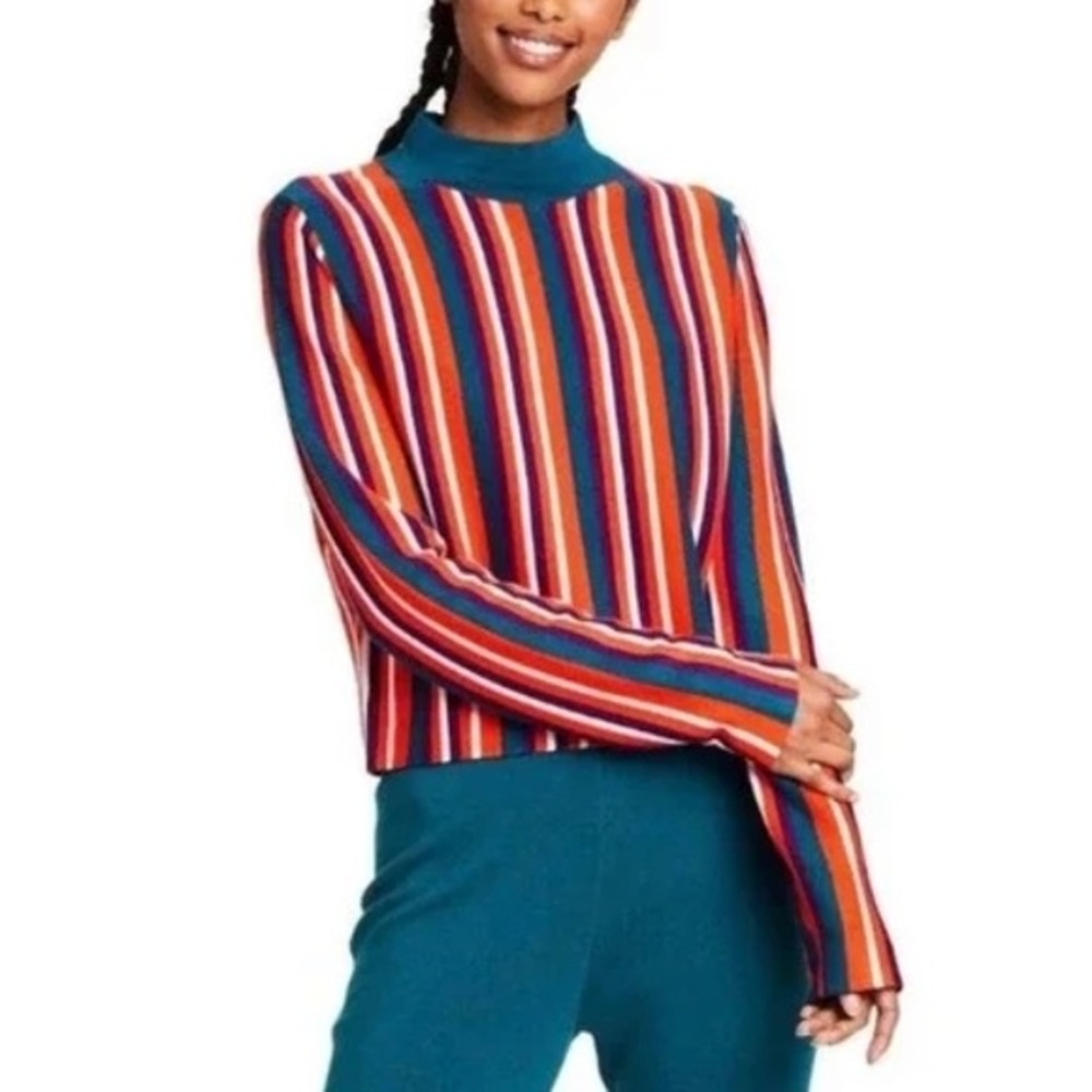 (L)- Victor Glemaud x Target Teal Striped Mock Turtleneck Multi Pullover Sweater